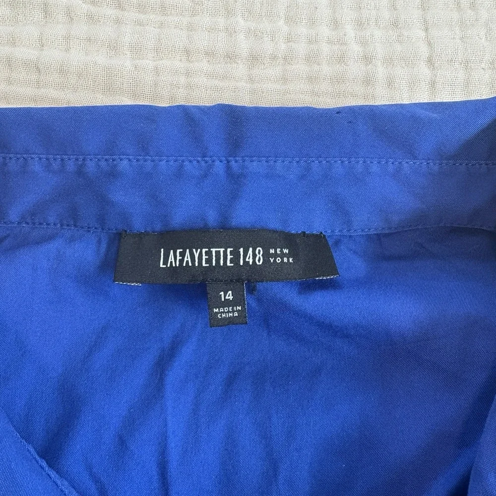 Lafayette 148 New York Shirt Womens 14 Blue Button Front Short Sleeve Career - Picture 2 of 10